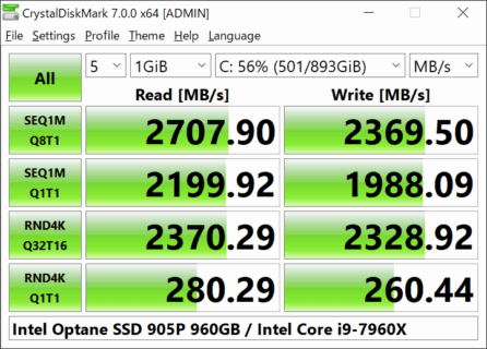 CrystalDiskMark measuring read and write speed on Windows