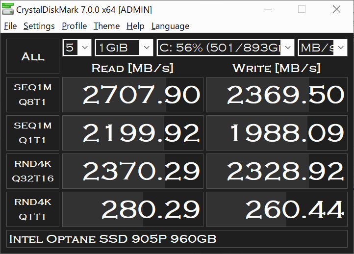 CrystalDiskMark dark theme benchmark results